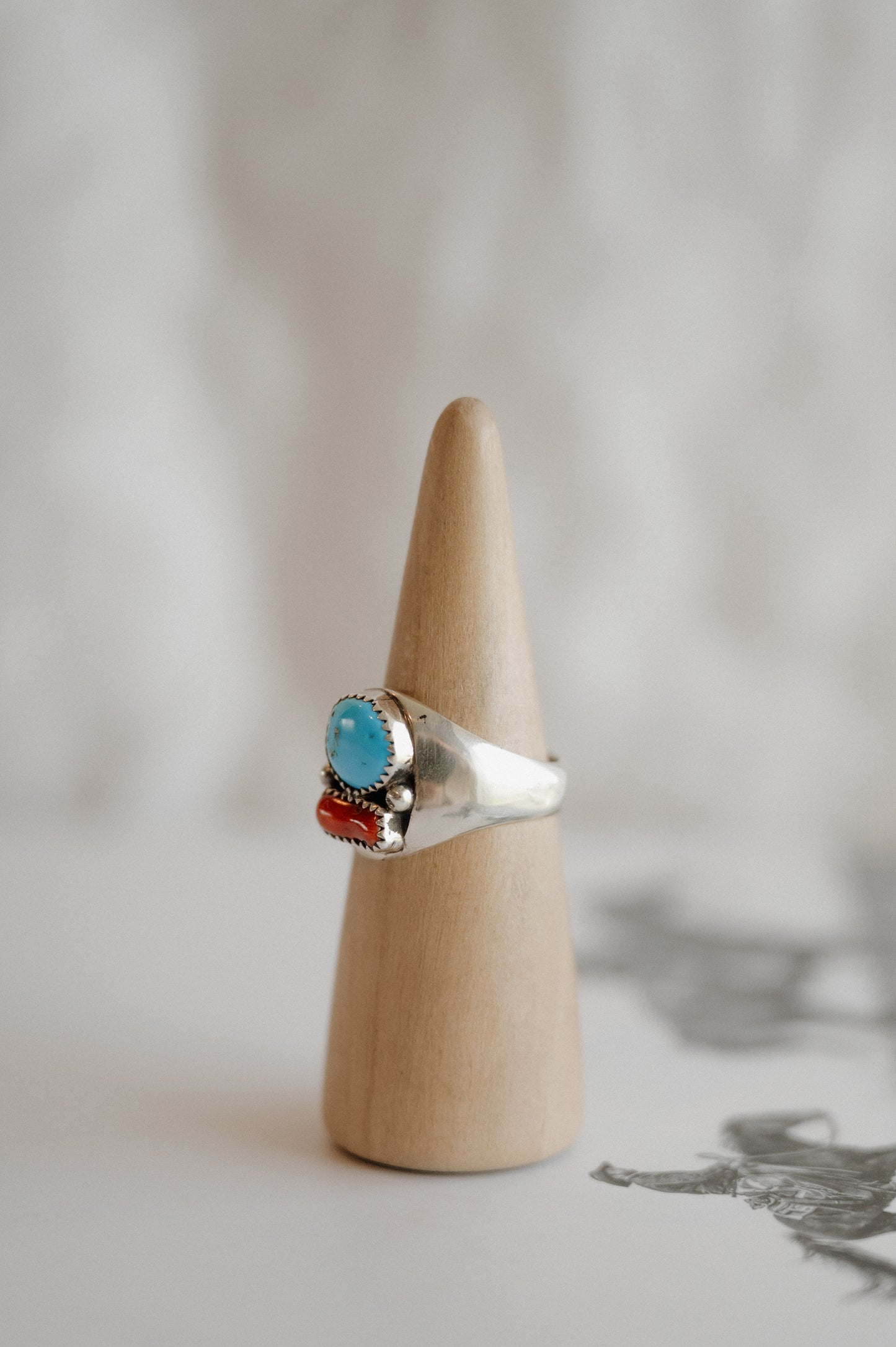 Kingman Turquoise + Coral Ring - Size 12.5