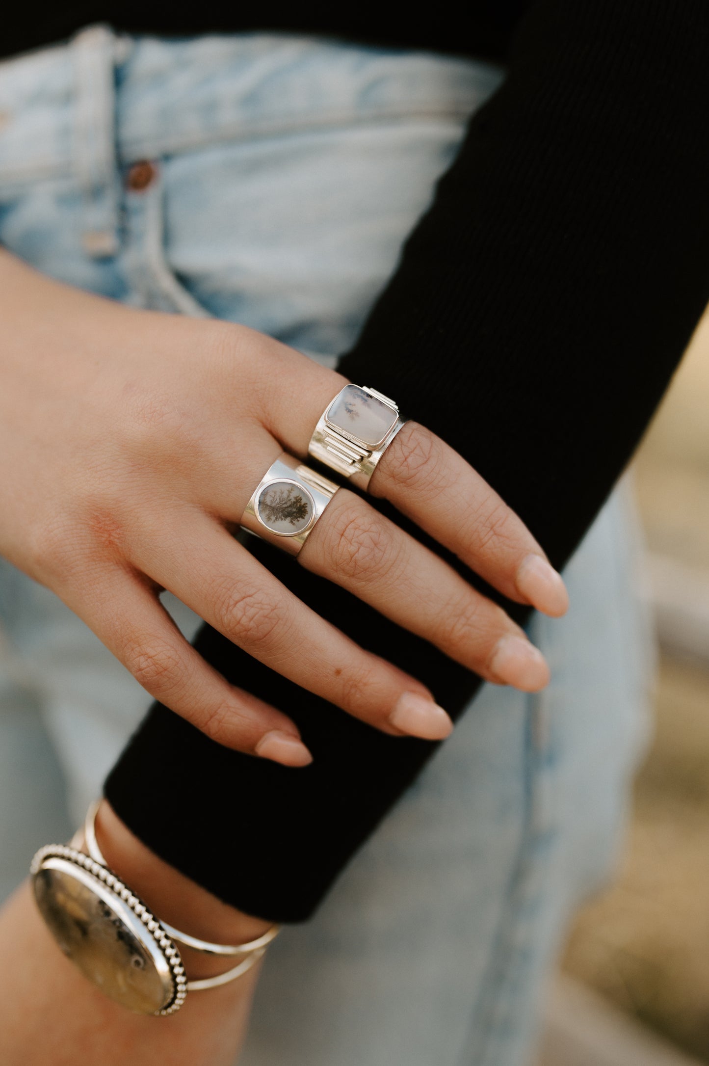 Dendritic Agate Cuff Ring - Size 7.5