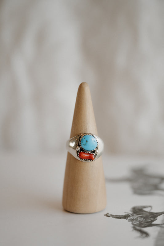 Kingman Turquoise + Coral Ring - Size 12.5